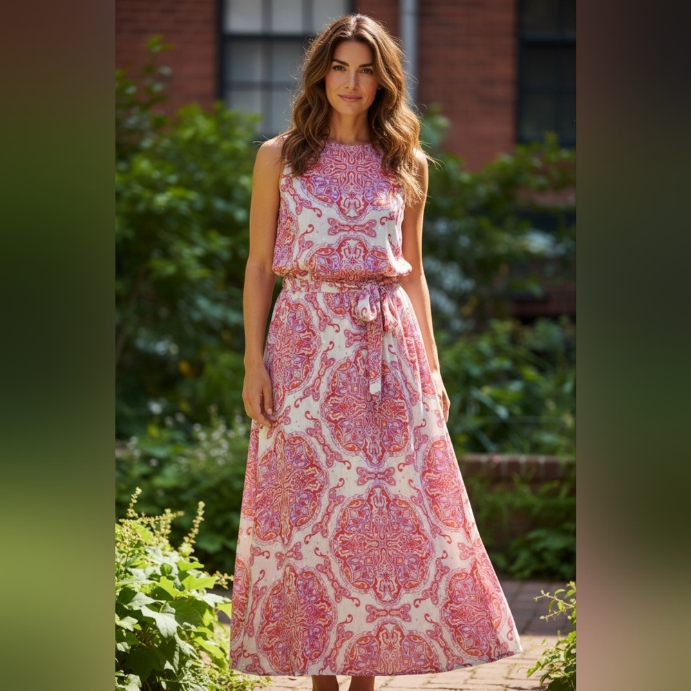 Chico's Red and White Sleeveless Dress - Gold Sparkles, Flecks [Maxi Dress]